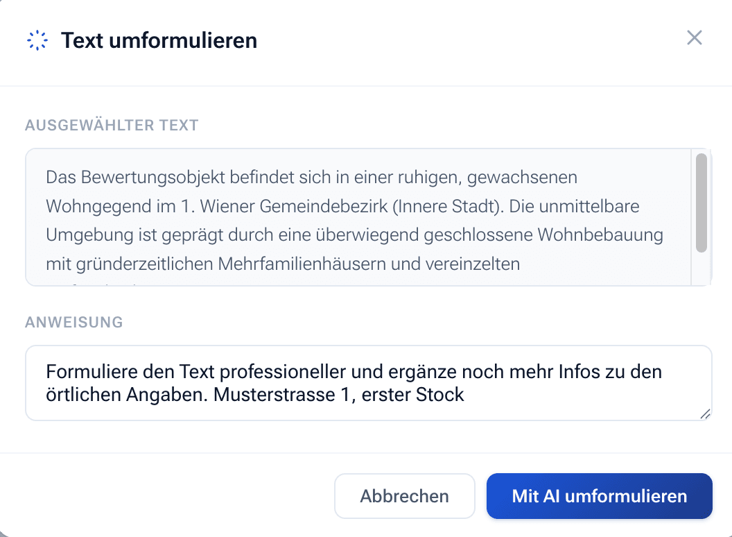 Gutachten Studio – Text mit KI-Anweisung umformulieren